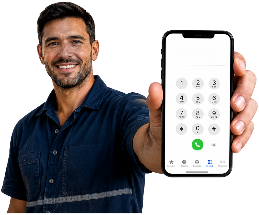 Engadine Blocked Drains plumber holding a phone — call 1300 261 965
