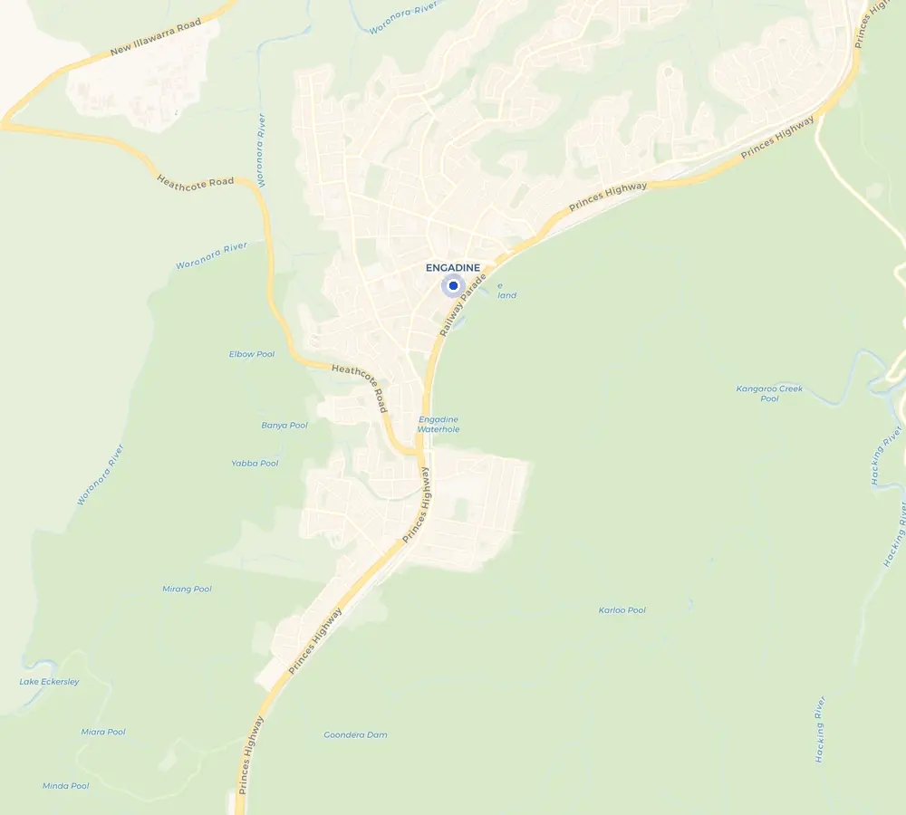 Map of the Engadine service area and the surrounding Shire, showing Engadine and the nearby streets we cover.