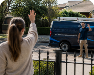 Customer waving goodbye to a Engadine Blocked Drains plumber